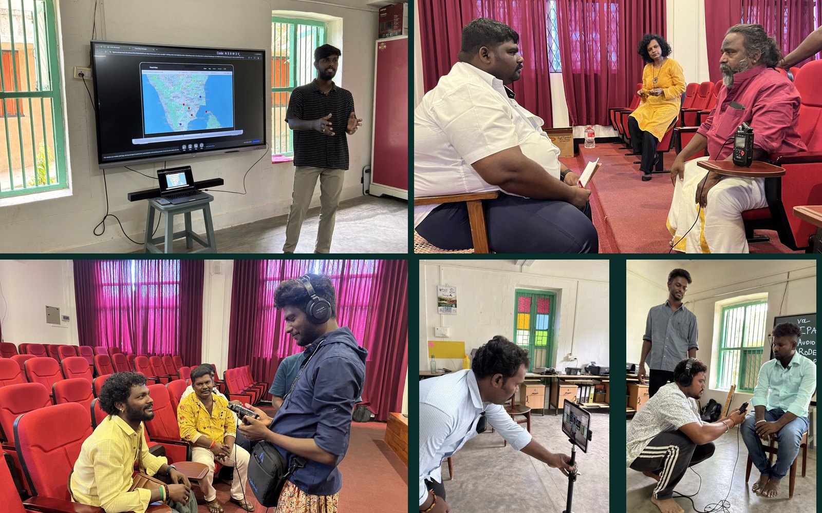 A collage of project fieldwork: presenting the interactive parai map, recording audio interviews, and filming documentation with hereditary drummers